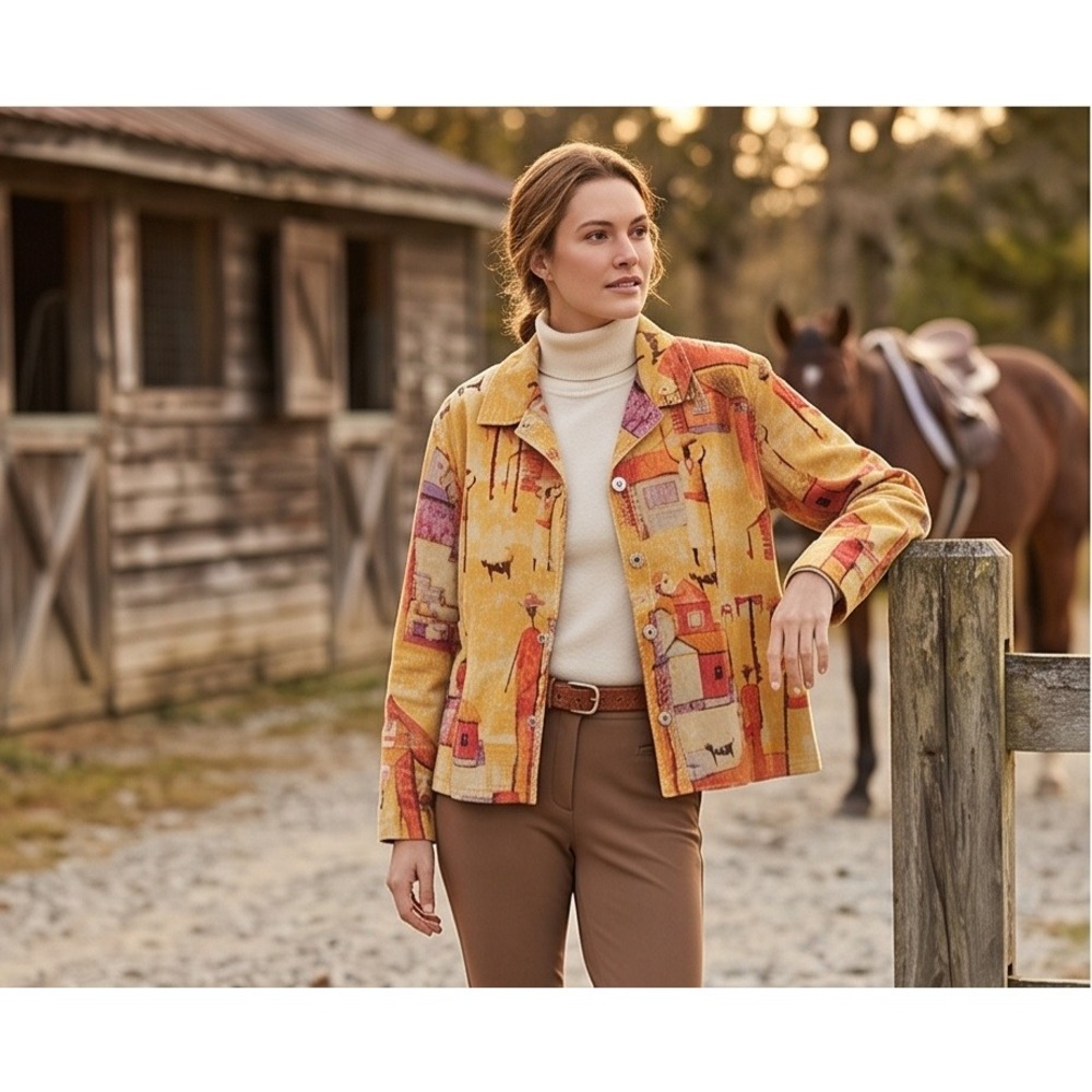 Chico's Design 3 Vintage Village Scene Micro Corduroy Jacket Yellow Multi XL